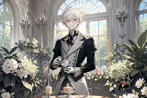 Official Art, Unity 8K Wallpaper, Extreme Detailed, Beautiful and Aesthetic, Masterpiece, Top Quality, perfect anatomy, MALE, (male:1.5), gentle expression, gentle smile 

light blonde haired male (light_blonde_hair:1.5), (short_curly_platinum_blonde_hair:1.5) long bangs with gray eyes (gray_eyes:1.5), black clothing, dark, elegant, victorian clothing, puffy sleeves, lace, ruffles, ribbon, tea party, garden party, garden, desserts, pastries, dessert tower, (dessert_tower:1.5), tea cups, silverware, silver dagger, (silver_dagger:1.5), cakes, flowers, colorful flowers, (colorful_flowers:1.3)

concept art, (best illustration), vivid colours, contrast, smooth, sharp focus, scenery, outside, sun_shining, sun, blue sky, greenhouse, lush garden, overgrown, outside in a garden, tea party, trees

masterpiece, midjourney, best quality, high detail eyes,More Detail,portrait,1guy,pastelbg,Add more details,Rococo style