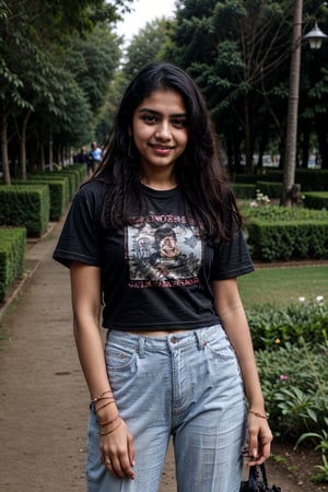 beautiful cute young attractive indian teenage girl, village girl, 17 years old, cute, hot, sexy, face smiles, school girl,Instagram model, long black_hair, colorful hair, warm, romantic, t-shirt denim jeans ,indian, ,AanyaaSanay,drop earrings, at college garden