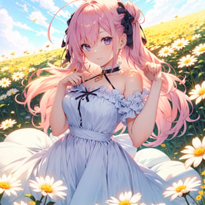 A cute girl with pink hair, lilac eyes, white skin, wearing a yellow dress, with pretty bows in her hair, field background with several daisies.