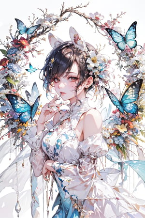 1girl, solo, breasts, looking at viewer, short hair, bangs, black hair, hair ornament, thighhighs, dress, animal ears, bare shoulders, jewelry, tail, flower, earrings, parted lips, detached sleeves, hair flower, lips, blue dress, watermark, bug, butterfly, finger to mouth, blue thighhighs, blue butterfly