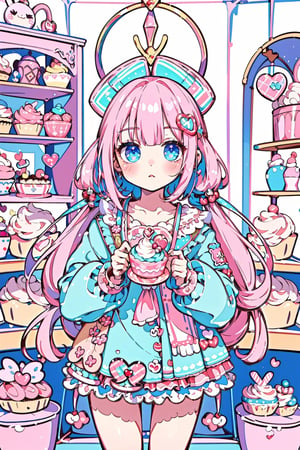 (masterpiece,  best quality,  highres:1.3), ultra resolution image,  (1girl),  (solo),  kawaii, pink hair, blue, (sweet charm:1.4),  pies,  fresh baked bread, macarons, wooden shelves with cupcakes, bakery, shop, scenery, soft, cozy, glitter,Kanna Kamui, 