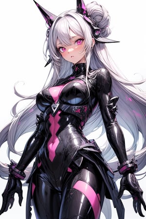 (absurdres, high res, simple illustration, hyper detailed:1.3) BREAK (1 very cute girl:1.1), pink eyes, silver hair, blue latex outfit