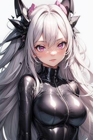 (absurdres, high res, simple illustration, hyper detailed:1.3) BREAK (1 very cute girl:1.1), pink eyes, silver hair, dark blue latex outfit