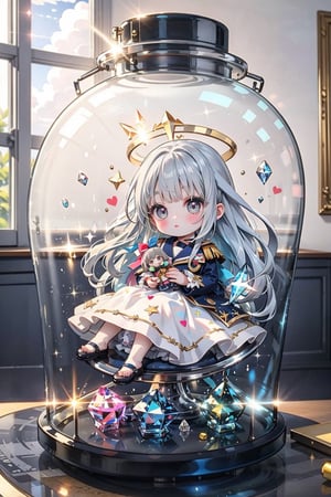 (1 Girl, grey hair, long hair, white eyes, lolita dress, white dress, short dress, little chest, pale skin, soft skin, glitter, heart, pastel, crystal, halo, gorgeous, navy, white, black, doll)
(Sunlight enters the window)
(Background, cute groove)
(Dolls at home)
(Full body)
(Sitting Down)
(fluffy, soft, light, bright, shiny, closed eyes, cute, white, indigo, blue, cloud)
Best quality, masterpiece, glitter, JAR, masterpiece