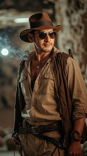 a photo of a 32 year old maheshbabu in an adventure costume, Indiana Jones costume, cinematic lighting, sunglasses, smoking a ciagarette, full body shot, DSLR quality