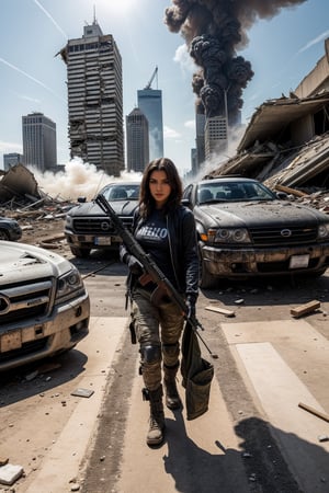 (Highest quality, Ultra HD, 16k, Masterpiece) A powerful girl walks confidently in front of her rugged, futuristic car amidst a chaotic and war-torn metropolis. The shot is a medium to long view, capturing her determined presence and the complete surroundings around her. She gazes ahead with a fierce, unyielding expression, embodying strength and resolve.

She wears a fitted t-shirt under a stylish jacket, her attire blending practicality with a touch of modern flair. The jacket is detailed with patches, straps, and utility pockets, enhancing her battle-ready appearance. Her hair is tousled and windswept, adding to her dynamic presence.

The car behind her is a heavily modified, armored vehicle, its exterior scarred from countless battles. It stands as a testament to her resilience and resourcefulness, with various gadgets and weapons mounted on its frame. The car's sleek, yet rugged design complements the overall gritty atmosphere.

In the background, the entire skyline of the metropolis is visible, partially obscured by smoke and ash. Skyscrapers tower amidst the chaos, many of them heavily damaged with gaping holes and crumbling facades. Explosions light up the scene, casting an eerie glow over the widespread destruction.

Spaceships hover menacingly in the sky, engaged in fierce aerial battles, their sleek designs contrasting with the devastation below. The ground is littered with debris and remnants of destroyed structures, adding to the sense of a world torn apart by conflict. Scraps of metal, shattered glass, and remnants of vehicles are scattered across the landscape, emphasizing the scale of destruction.

The lighting is dramatic, with sharp contrasts that highlight the textures of her attire and the metallic surface of her car. The interplay of light and shadow emphasizes the intense expression on her face and the chaos in the background. Despite the widespread destruction, the girl's determined stance and her battle-ready car signify hope and defiance in the face of overwhelming odds. (((She holds guns))) (((She holds rifle in her hands))) (((skyscrapers))) (((downtown))) (((skyscrapers)))