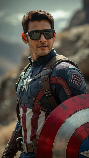 a photo of a 32 year old maheshbabu in an adventure costume, captain america costume, cinematic lighting, sunglasses, captain america shield, full body shot, DSLR quality