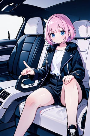 girl (pink hair, short hair, hyperrealistic blue eyes,) handsome tall man, (black hair, in black coat,)  girl and boy sitting in car, ground vehicle, motor vehicle, car, car interior, steering wheel, seatbelt, two hands, right fingers, two legs, stering is right possibile 