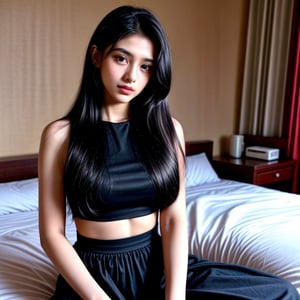 lovely cute young attractive  teenage girl,  small town girl, 22 years old, cute, an Instagram model, long black_hair, colourful hair, winter, dancing, wear black top, sitting a bedroom clean face ,Realism,Portrait,Raw photo,Indian Designer Dress,<lora:659111690174031528:1.0>