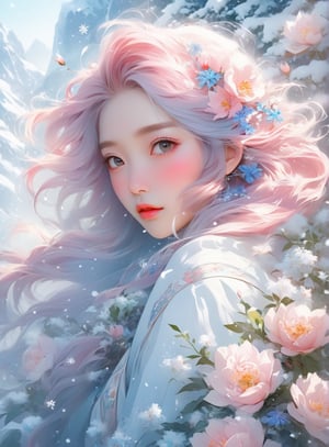 a potrait of an asian woman with pink hair rosy cheeks white skin surrounded by frozen flowers in an ice covered garden, stunning anime face portrait, cgsociety 9, beautiful anime portrait, detailed portrait of anime girl, 🌺 cgsociety, gorgeous digital art, girl in flowers, blue flowers, wlop painting style, with frozen flowers around her, stunning cgsociety, portrait anime girl, art of wlop, beautiful anime style 