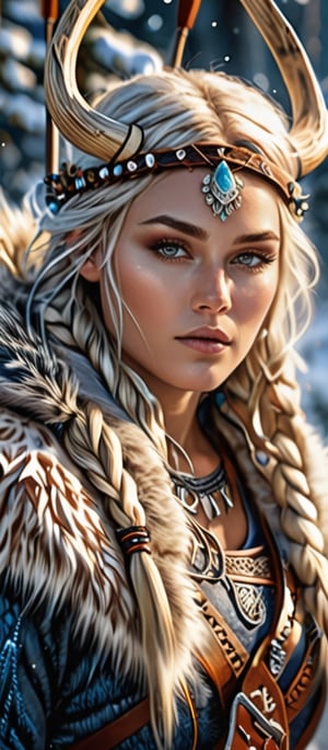 ultra realistic, photorealistic, ultra sharpness, sharp focus, ultra HDR, 4k, 8k, 16k, magic, mysticism, divine aura, high quality texture, A full body photograph with realistic style portrays, Extremely beautiful , well done,a divine Norse woman, athletic and imposing, with a subtle and natural beauty, with very light eyes and a confident and proud gaze, with long blond cales intertwined with leather laces, dressed in winter fur , adorned with small jewels animal skulls, hunting on primitive wooden skis, with a long composite bow highly adorned with wood and bone, equipped for hunting and survival, ultra-realistic detail, Ultra detailed, The composition imitates a cinematic movie, The intricate details, sharp focus, perfect body proportion, full body seen from afar, a mystical ancestral and magical winter land background, ultra realistic, iper realistic image,