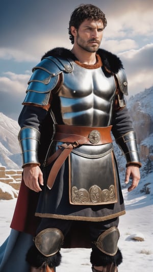 ultra realistic picture of 1 50yo enormous Romanesque man (fighter), perfect bodies, Extremely beautiful, intimidating and raw look, high detailed image, realism, hdr, ultra hd, 4k, 8k, high detailed texture, detailed skin, realistic shade, detailed well defined muscle, detailed face, detailed eyes, detailed hands, detailed full Roman Tight-fitting black wrought leather protective armor simulating a human body, detailed  raw wool winter tunic with v-neckline, ultra detailed, detailed winter fur and leather armor, tight leather bands around the calves, fur shoes, decorative bracelets and rings, Roman hair styles, , battlefield background, training clothing, (10th century style clothing) ((full body)), (seen from afar).