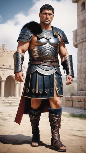 ultra realistic picture of 1 elderly 50yo enormous Romanesque man (fighter), perfect bodies, Extremely beautiful, intimidating and raw look, high detailed image, realism, hdr, ultra hd, 4k, 8k, high detailed texture, detailed skin, realistic shade, detailed well defined muscle, detailed face, with a scar that crosses the right eye starting from the forehead to the chin, detailed eyes, detailed hands, detailed full Roman Tight-fitting black wrought leather protective armor simulating a human body, detailed  raw wool winter tunic with v-neckline, ultra detailed, detailed winter fur and leather armor, tight leather bands around the calves, fur shoes, decorative bracelets and rings, Roman hair styles, , battlefield background, training clothing, (10th century style clothing) ((full body)), (seen from afar).