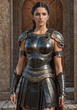 ultra realistic, photorealistic, HDR, 4k, 8k, 16k, high quality texture, A full body photograph with realistic style portrays, Roman general Carthaginian woman, perfect body, well done, in ultra-realistic detail.Ultra detailed Roman style full black leather armor The composition imitates a cinematic movie, The intricate details, sharp focus, perfect body proportion 