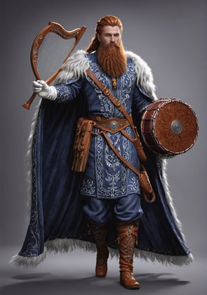 ultra realistic, photorealistic, HDR, 4k, 8k, 16k, high quality texture, A full body photograph with realistic style portrays, Extremely beautiful , well done, A proud and imposing-looking northern bard, with long dark hair and a braided red beard. He wears an embroidered dark blue tunic, a white fur cape, and ornate leather gloves, It is always accompanied by a carved harp and a drum adorned with Nordic motifs, norseman hair style, in ultra-realistic detail.Ultra detailed, The composition imitates a cinematic movie, The intricate details, sharp focus, perfect body proportion, full body seen from afar 