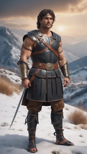 ultra realistic picture of 1 50yo enormous Romanesque man (fighter), perfect bodies, Extremely beautiful, intimidating and raw look, high detailed image, realism, hdr, ultra hd, 4k, 8k, high detailed texture, detailed skin, realistic shade, detailed well defined muscle, detailed face, detailed eyes, detailed hands, detailed full Roman Tight-fitting black wrought leather protective armor simulating a human body, detailed  raw wool winter tunic with v-neckline, ultra detailed, detailed winter fur and leather armor, tight leather bands around the calves, fur shoes, decorative bracelets and rings, Roman hair styles, , battlefield background, (10th century style clothing) ((full body)), (seen from afar).