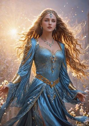 ultra realistic, photorealistic, HDR, 4k, 8k, 16k, high quality texture, A full body photograph with realistic style portrays, Extremely beautiful , well done, a divine woman of extraordinary beauty, with long golden hair falling delicately to her shoulders, deep blue eyes, and diaphanous skin that reflects the light of the divine realms. She wears elegant clothes and precious fabrics, often decorated with floral motifs and sparkling jewels, which further enhance her beauty and charm. Furthermore, she is often portrayed with the symbol of the falcon, a representation of her magical power and dominion over the celestial realmsin ultra-realistic detail, Ultra detailed, The composition imitates a cinematic movie, The intricate details, sharp focus, perfect body proportion, full body seen from afar 