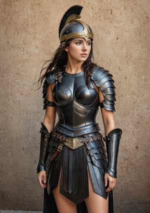 ultra realistic, photorealistic, HDR, 4k, 8k, 16k, high quality texture, A full body photograph with realistic style portrays, Extremely beautiful Carthaginian woman, perfect body, well done, in ultra-realistic detail.Ultra detailed Roman style full black leather armor with Roman helmet of black leather with horse hair, black leather greaves, The composition imitates a cinematic movie, The intricate details, sharp focus, perfect body proportion 