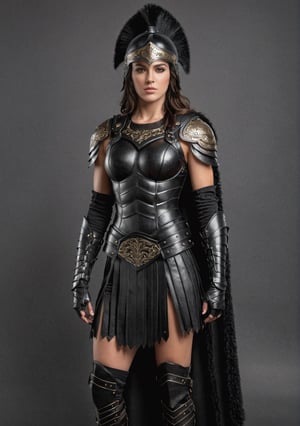 ultra realistic, photorealistic, HDR, 4k, 8k, 16k, high quality texture, A full body photograph with realistic style portrays, Extremely beautiful Carthaginian woman, perfect muscular athletic body, well done, in ultra-realistic detail.Ultra detailed winter Roman style full black leather armor with black Roman helmet of black leather with horse hair, black leather greaves, The composition imitates a cinematic movie, The intricate details, sharp focus, perfect body proportion, seen from afar 