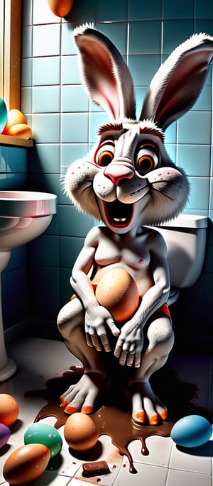 cartoon photorealistic, natural light, ultra HDR, 4k, 8k, 16k, high quality texture, A full body photograph, an image where a old and dirty bunny sitting on a toilet with the muzzle contorted in a concentrated grimace and the ears lowered , (smoking a cigarette), (intent on shitting Easter eggs and chocolate That spill out of the toilet full of Easter eggs everywhere) , ultra-realistic detail, Ultra detailed, The composition imitates a cinematic movie, The intricate details, sharp focus, perfect body proportion, full body seen from afar, ultra realistic, as a backdrop a bathroom full of bright Easter colors