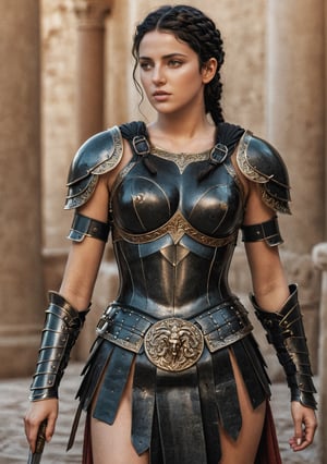 ultra realistic, photorealistic, HDR, 4k, 8k, 16k, high quality texture, A full body photograph with realistic style portrays, Extremely beautiful Carthaginian woman, perfect body, well done, in ultra-realistic detail.Ultra detailed Roman style full black leather armor The composition imitates a cinematic movie, The intricate details, sharp focus, perfect body proportion 