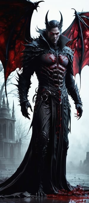 ultra realistic, photorealistic, natural light, ultra HDR, 4k, 8k, 16k, high quality texture, A full body photograph with realistic style portrays, Extremely beautiful , well done,an imposing ancient vampire man (lord of the darkness) with an evil and terrifying appearance with long fangs dripping with dried blood, with a young and beautiful face , eyes of an infernal red, enormous bat wings that end in long sharp claws, a black fog comes out of his body and jaws dense almost liquid, an aura of terror envelops it, instilling a sense of majesty and fear, the long skeletal tail ends with a bony stinger and the paws with sharp, sharp long claws, with graveyard background
ultra-realistic detail, Ultra detailed, The composition imitates a cinematic movie, The intricate details, sharp focus, perfect body proportion, full body seen from afar, ultra realistic, iper realistic image,