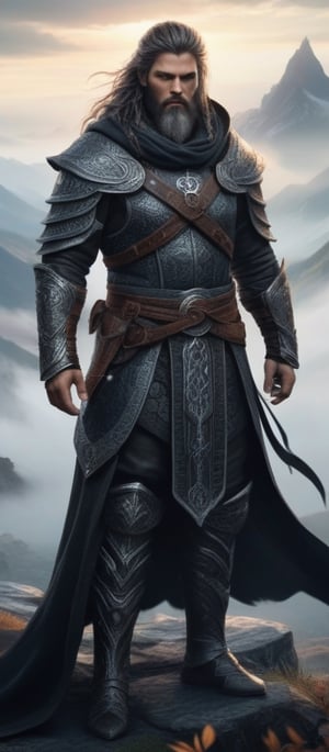 ultra realistic, photorealistic, HDR, 4k, 8k, 16k, high quality texture, A full body photograph with realistic style portrays, Extremely beautiful , well done, a young and powerful Norseman-god with a angular and pointed face from which a long black braided beard starts, like his rebellious and long hair  of medium height armed with two formidable daggers in attack position with black damask blades inlaid with onyx gems, a silent and formidable warrior, cloaked in the shadows that branch out from his cloak as black as night, equipped for battle with a thick black leather armor embellished with runes of protection and runic spirals. One aspect that sets him apart is his special boot made of black leather with greyish runic inlays from which curls of fog pipe
, ultra-realistic detail, Ultra detailed, The composition imitates a cinematic movie, The intricate details, sharp focus, perfect body proportion, full body seen from afar, a mystical ancestral land background, ultra realistic, iper realistic image,