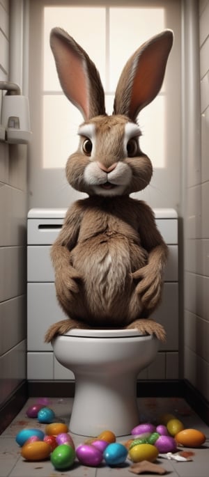 cartoon photorealistic, natural light, ultra HDR, 4k, 8k, 16k, high quality texture, A full body photograph, an image where a old and dirty bunny sitting on a toilet, with a lit cigarette, intent on shitting  Easter eggs and chocolate, That spill out of the toilet , ultra-realistic detail, Ultra detailed, The composition imitates a cinematic movie, The intricate details, sharp focus, perfect body proportion, full body seen from afar, ultra realistic,