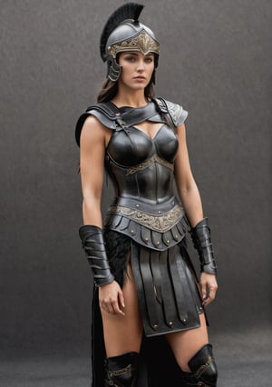 ultra realistic, photorealistic, HDR, 4k, 8k, 16k, high quality texture, A full body photograph with realistic style portrays, Extremely beautiful Carthaginian woman, perfect muscular athletic body, well done, in ultra-realistic detail.Ultra detailed Roman style full black leather armor with black Roman helmet of black leather with horse hair, black leather greaves, The composition imitates a cinematic movie, The intricate details, sharp focus, perfect body proportion, seen from afar 