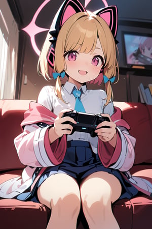 best quality, masterpiece, high_res, 1gir,momoi \(blue archive\), blue archive, sitting, (pink cat headset,white shirt,pink coat, black shoes, blue skirt), (blond hair, short hair,pink  eyes,smiling mouth), (game controller, red sofa, blue dorr on background), (leaning on sofa, holding controller, butterfly sitting)