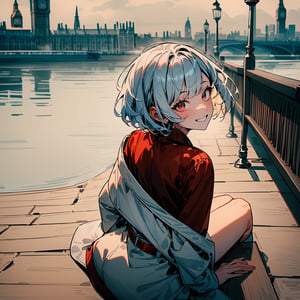 high_res,masterpiece,very aethetic,newest,masterpiece, absurdres,illustration,best_quality,1girl,(white hair,red eyes, short hair, shaggy cut, ),(red shirt,white coat,red belt,red scarf,),(sitting_on_bench,looking away,looking back,hands on ground,smiling),(London, riverside, cloudy,English)