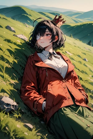 high_res,masterpiece,very aethetic,newest,masterpiece, absurdres,1girl,(black hair,black eyes, eyepatch on left eye, shaggy cut,ahoge),(red coat,white shirt, green skirt, broken crown,ballpoint pen in pocket ), (lying on field, hands in pocket,closed mouth,melancholy),(hill,afternoon,1920s,Hungarian)