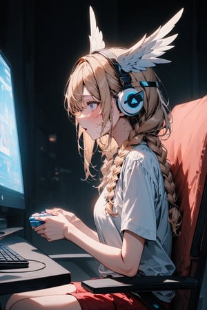 high_res,masterpiece,very aethetic,newest,masterpiece, absurdres,illustration,best_quality,1girl,(blond hair,blue eyes, braid hair, ),(white tshirt, red shorts,winged white headset on head),(sitting_on_chair,play game,starry eyes),(room,dark_background,computer,Polish,)