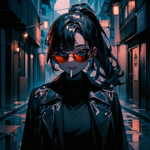 high_res,masterpiece,very aethetic,newest,masterpiece, absurdres,illustration,best_quality,portrait,vivid_colour,1girl,(black_hair,black eyes,ponytail,sunglasses,matured girl ),(black coat,coat on shoulder, black shirt,black chino pants, triad, ),(gazing viewer, smoking, slightly lowed sunglasses,),(city,backstreet,rainy)