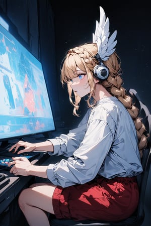 high_res,masterpiece,very aethetic,newest,masterpiece, absurdres,illustration,best_quality,1girl,(blond hair,blue eyes, braid hair, ),(white tshirt, red shorts,winged white headset on head),(sitting_on_chair,play game,starry eyes),(room,dark_background,computer,Polish,)