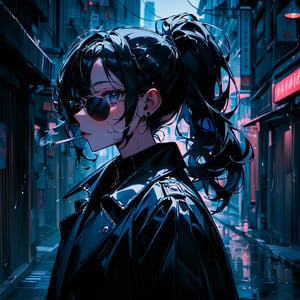 high_res,masterpiece,very aethetic,newest,masterpiece, absurdres,illustration,best_quality,portrait,vivid_colour,1girl,(black_hair,black eyes,ponytail,sunglasses,matured girl ),(black coat,coat on shoulder, black shirt,black chino pants, triad, ),(gazing viewer, smoking, slightly lowed sunglasses,),(city,backstreet,rainy)