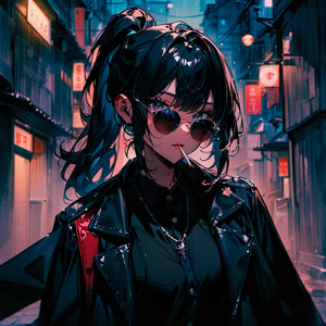 high_res,masterpiece,very aethetic,newest,masterpiece, absurdres,illustration,best_quality,portrait,vivid_colour,1girl,(black_hair,black eyes,ponytail,sunglasses,matured girl ),(black coat,coat on shoulder, black shirt,black chino pants, triad, ),(gazing viewer, smoking, slightly lowed sunglasses,),(city,backstreet,rainy)