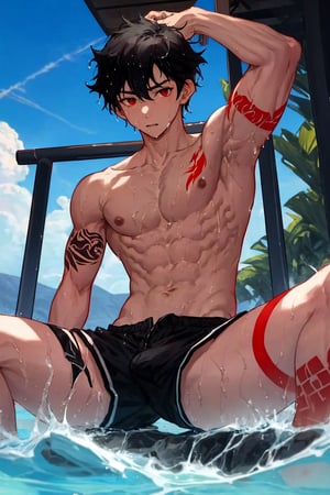 solo, male,1boy,shota,black hair,red eyes,sqautting,spread legs,sky, abs, shirtless, tatoos, wet, muscles,