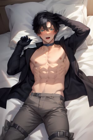 wriothesley, 1boy, black hair, short hair,yellow eyes, upper body naked, nude body, red necktie, black gloves, choker, cape, he wears an unclosed black coat which shows his abs under, boots, grey trouser, boots, abs exposed, masterpiece, dslr, ultra quality, 8K UHD, best body anatomy, highly detailed eyes, blue eyes, highly detailed face, (handsome face:1.23), blushing face, detailed background,  lying on his bed, leaning back, on the bed, both hands behind bead, open mouth, male climax, male bliss
