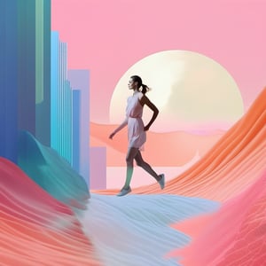 Conceptual photography of a beautiful elegant woman running and chasing dreams. mixed media art. Collage. Painted elements, art photography. Pastel iridescent colors. Pastel pink, peach, orange, blue color scheme. Pastels. Grey hue. ((Photography)), minimalist, minimal, sf, intricate artwork masterpiece, ominous, matte painting movie poster, golden ratio, intricate, epic, vibrant, ultra high quality model,Dopamine Color,aw0k collage