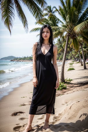 A 22-year-old beautiful girl with long black hair and medium breasts is standing in front of a coconut tree on Goa beach. She is wearing a wet hot summer casual dress, clinging to her body, her skin glistening with moisture under the high-degree temperature.
Full body view .