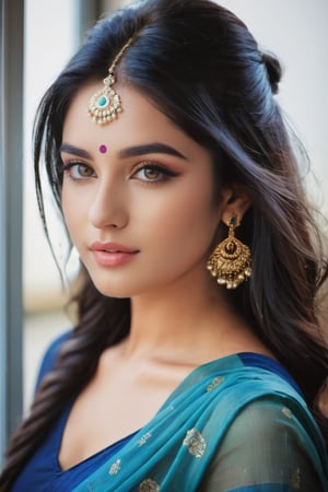 lovely cute young attractive indian girl, blue eyes, gorgeous actress, 23 years old, cute, an Instagram model, long hair, black hair, Indian, weaaring blouse, wearing bindi in forehead, ear rings,looking hot, under sunlight, looking on window,