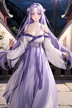 masterpiece, sharp focus, sharp contrast, absurdres, ultra quality, illustration, wallpaper, anime, beautiful and aesthetic, 1girl, solo, quinella, (17 years old, gorgeous teenage girl, aloof), radiant skin tone, full-length long hair, very long hair, straight hair, ((pale lavender-purple hair)), long hair blowing in the wind, side swept bangs, parted bangs, golden floral hair ornaments, gold hairpin, long hair over breasts, violet eyes, highly detailed eyes, red eye shadows, looking at camera, (blush), full lips, sexy plump lips, lower lip gloss, pink lips, ((hanfu, Chinese clothes)), pale lavender-purple hanfu, long tulle dress, 右衽,  hanfu waist ribbon belt, girdle ribbon, long pleated skirt, D cup, deep V cleavage, (bulging breasts), perfect breasts, (((pulled down dress, bare shoulders, strapless, collarbone))), armlet, small waist, voluptuous body, hour glass figure, wide sleeves, long sleeves, medium closeup shot, ((plain dark background, night scene)), best illumination, light rays illuminating her breasts with high intensity