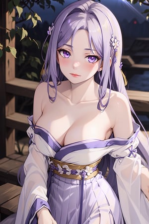 masterpiece, sharp focus, sharp contrast, absurdres, ultra quality, illustration, wallpaper, anime, beautiful and aesthetic, 1girl, solo, quinella, (17 years old, gorgeous teenage girl, aloof), radiant skin tone, full-length long hair, very long hair, straight hair, ((pale lavender-purple hair)), long hair blowing in the wind, side swept bangs, parted bangs, golden floral hair ornaments, gold hairpin, long hair over breasts, violet eyes, highly detailed eyes, red eye shadows, looking at camera, (blush), full lips, sexy plump lips, lower lip gloss, pink lips, ((hanfu, Chinese clothes)), pale lavender-purple hanfu, long tulle dress, 右衽,  hanfu waist ribbon belt, girdle ribbon, long pleated skirt, D cup, deep V cleavage, (bulging breasts), perfect breasts, (((pulled down dress, bare shoulders, strapless, collarbone))), armlet, small waist, voluptuous body, hour glass figure, wide sleeves, long sleeves, medium closeup shot, ((plain dark background, night scene)), best illumination, light rays illuminating her breasts with high intensity