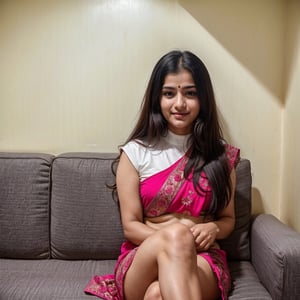 
beautiful cute young attractive indian teenage girl, village girl, 18 years old, cute, Instagram model, long black_hair, colorful hair, warm, dacing, in home sit at sofa, indian