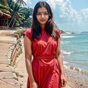 
beautiful cute young attractive indian teenage girl, village girl, 18 years old, cute, Instagram model, long black_hair, colorful hair, warm, dacing in beach, wear a hot dress naked ,take a zara purse 