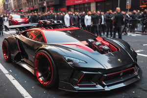 Lamborghini , concept car, fancy cyborg design, futuristic, cyborg style,cyberpunk style, surrounded by people , Drifting New York City, Black color, glossy, Light red color wheels,detailmaster2, high details, front perspective view,cyberpunk,pturbo