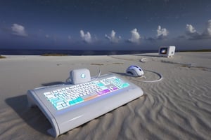 (no humans), Computer Case,(color fan),(white appearance),ocean,starry_sky,star_trail,horizon,Curved monitor and a lightning keyboard and mouse