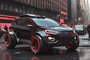 Ford Ecosport ,concept car, fancy cyborg design, futuristic, cyborg style,cyberpunk style, surrounded by people , Drifting New York City, Black color, glossy, Light red color wheels,detailmaster2, high details, front perspective view,cyberpunk,pturbo