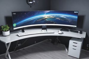 (no humans), Computer Case,(color fan),(white appearance),ocean,starry_sky,star_trail,horizon,lengthy long Curved monitor and a lightning keyboard and mouse, on a black table of a gamers rooms on wall ps4 🎮controllers many types, realistic, samsung odyssey g9 black Monitor , Computer Case,white appearance,color fan , CPU and on monitor screen there should be trading, Candlelistic pattern 